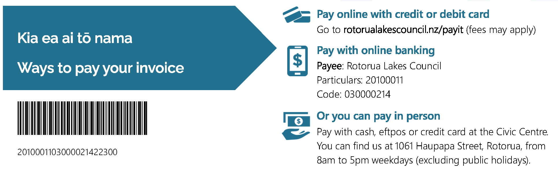 Information on ways to pay your invoice via credit card, online or in person