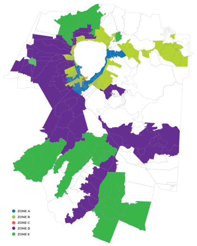 Kerbside zones map showing areas with various collections