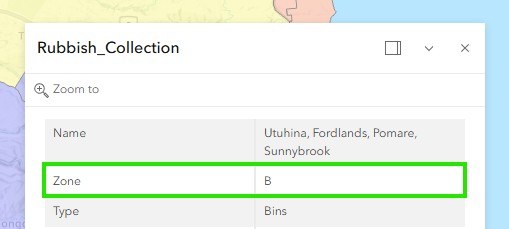 Screenshot of bin collection zone information​ from the council website