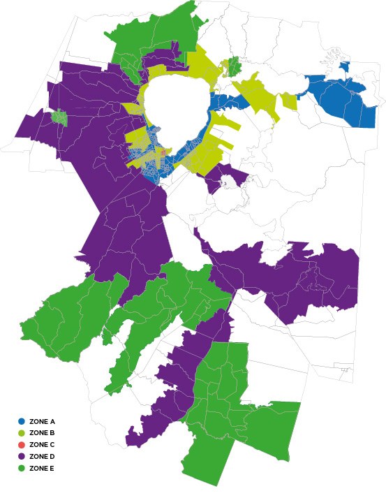 Map of 2026 kerbside collection areas, colour-coded into Zones A to E around the central lake and surrounding rural areas.